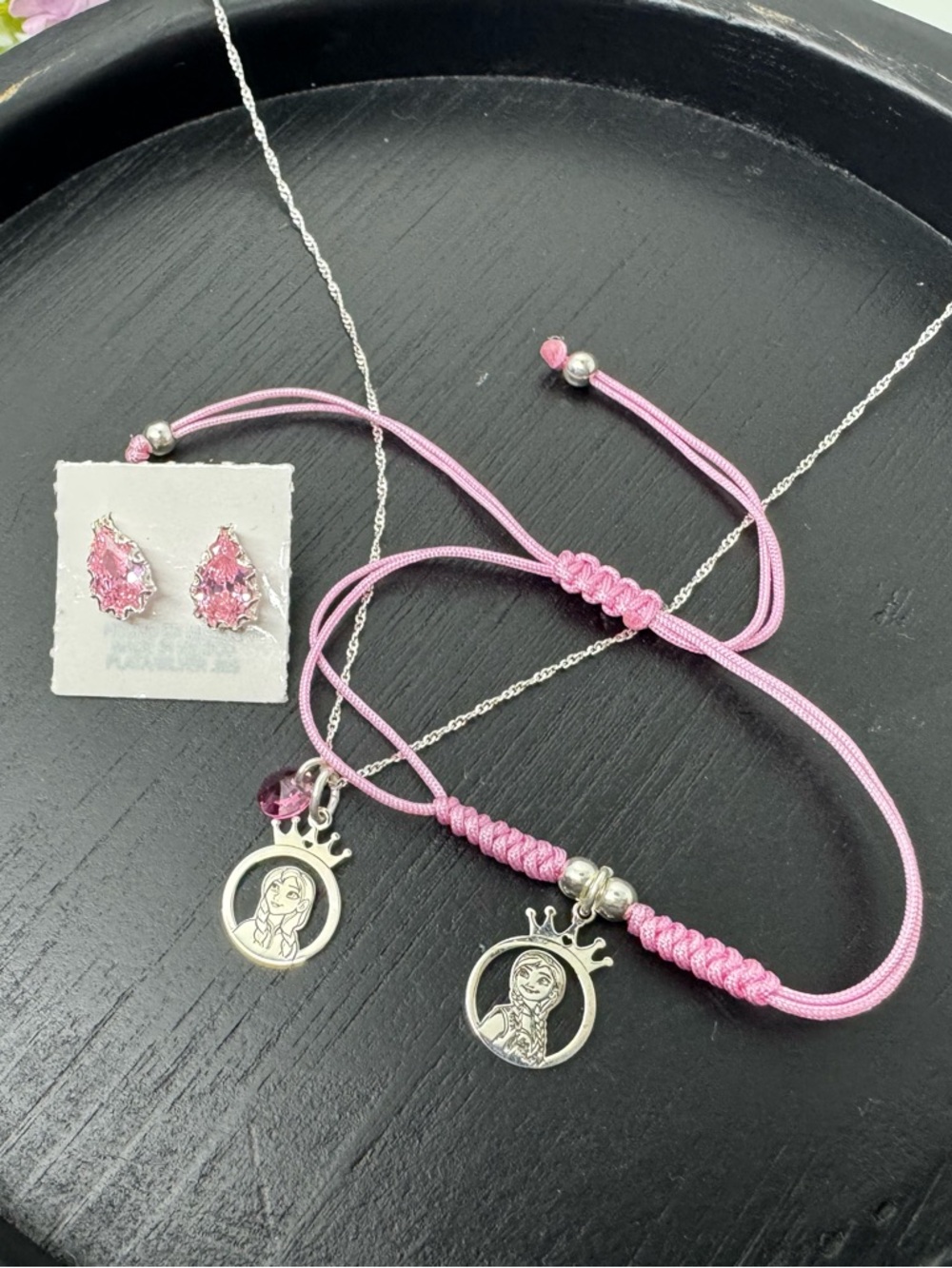 Pink Cord Bracelet & Necklace Set with Crown Charm and Pink Crystal Earrings